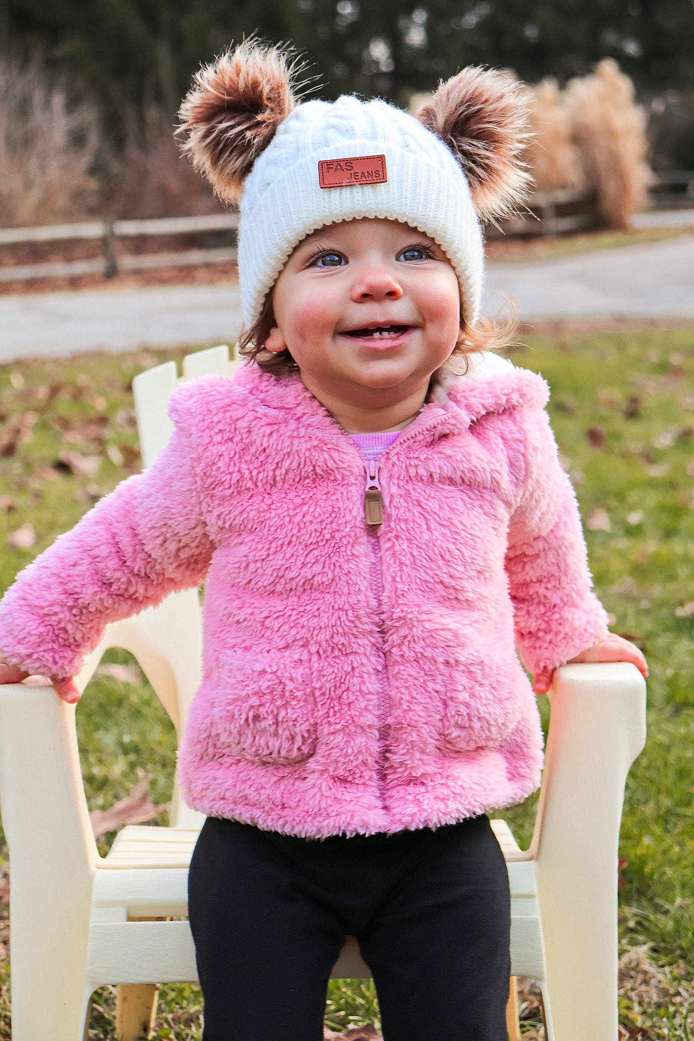 Tiffany joined the competition — help win amazing prizes! active_pants, baby_toddler_clothing, bonnet, child, child_model, fur, hair_accessory, happy, headband, headgear, headpiece, headwear, jacket, joy, laugh, magenta, people_in_nature, person, pink, sweater