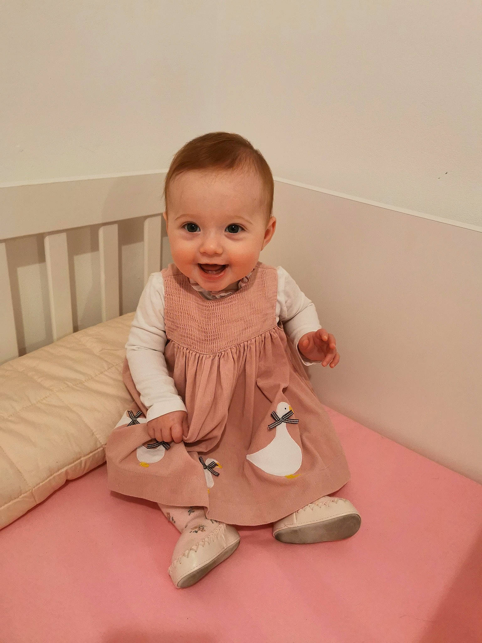 Marianna joined the competition — help win amazing prizes! baby, baby_toddler_clothing, child, comfort, eye, floor, flooring, foot, happy, hardwood, human_leg, knee, leg, person, pink, skin, sleeve, smile, thigh, toddler