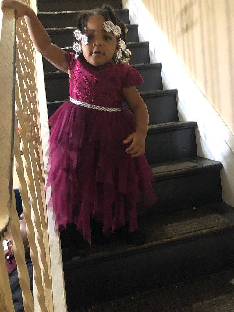 Bellah joined the competition — help win amazing prizes! child, child_model, clothing, cocktail_dress, costume, dress, fashion, fashion_design, formal_wear, gown, haute_couture, magenta, person, pink, purple, stairs