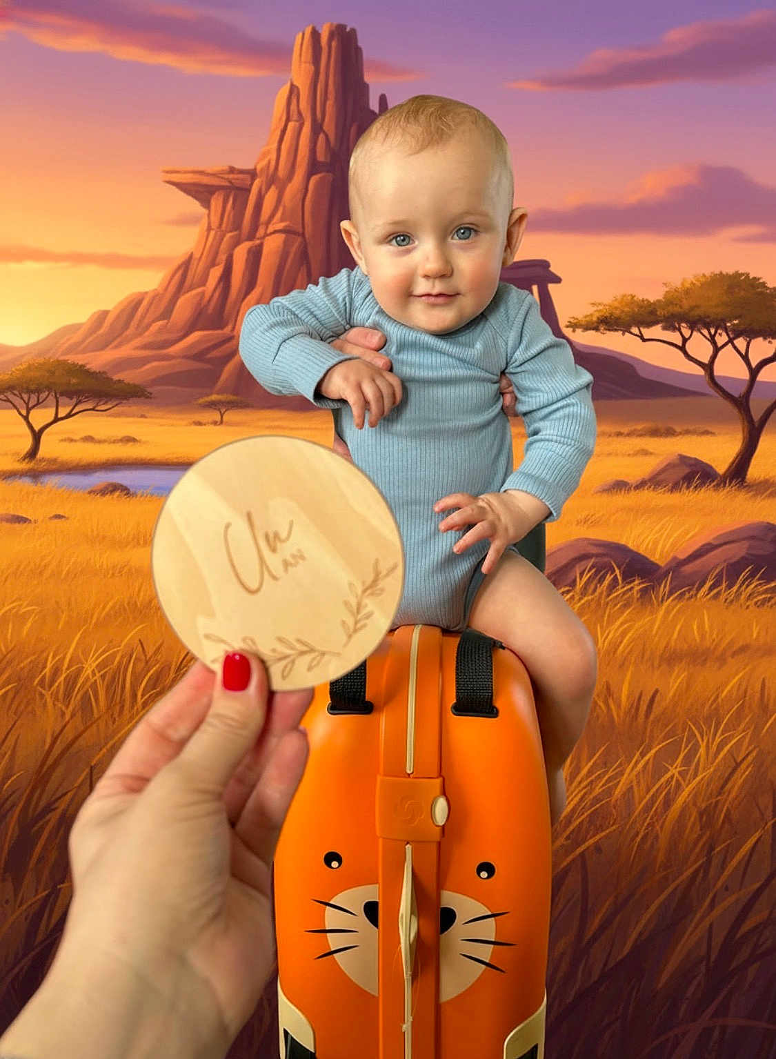 Stanislas participe au concours pour gagner de l'argent avec cette photo : baby, infant, child, suitcase, hand, nail_polish, blue_onesie, portrait, backdrop, savanna, grass, tree, mountain, sunset, toy, seat, face, eyes, smile, luggage