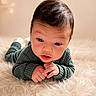 Lucas is registered to the contest to win money with this photo: baby, infant, child, lying_down, sweater, green_clothing, fluffy_rug, soft_texture, curious_expression, portrait, indoors, cute, small_hands, dark_hair, wide_eyes, skin, face, head, young, cozy