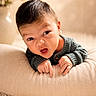 Lucas joined the competition — help win amazing prizes! baby, infant, child, face, expression, pointing, cushion, soft_texture, cozy, indoors, portrait, warm_lighting, blanket, sweater, curly_hair, cute, hands, lying_down, furniture, home