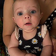 Agathe participe au concours pour gagner de l'argent avec cette photo : adult, arms, baby, blue_eyes, child, closeup, curious, cute, expression, face, floral_dress, holding, human, indoor, infant, person, polka_dot_clothing, portrait, skin, young