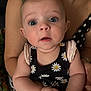 adult, arms, baby, blue_eyes, child, closeup, curious, cute, expression, face, floral_dress, holding, human, indoor, infant, person, polka_dot_clothing, portrait, skin, young