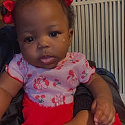 Alayah joined the competition — help win amazing prizes! baby, child, infant, girl, hair_bows, red_skirt, floral_top, hand, indoor, furniture, person, portrait, cute, skin, face, expression, seated, clothing, holding, arm