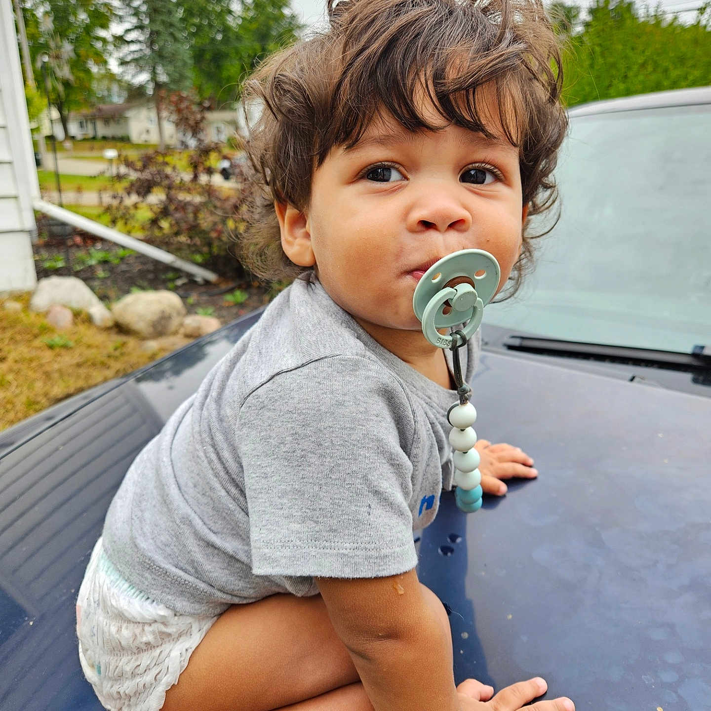 Legend is registered to the contest to win money with this photo: baby, bodypart, clothing, crawling, diaper, face, finger, grass, hand, head, outdoors, person, photography, plant, portrait, pottedplant, shorts, sitting, summer, tree