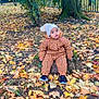 toddler, child, autumn, leaves, tree_stump, park, outdoor, fall, nature, hat, jacket, footwear, ground, tree, fence, curious, seasonal, clothing, baby, casual