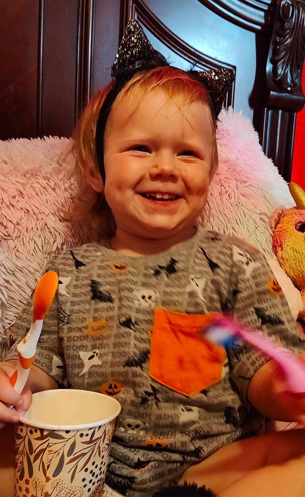 Winter joined the competition — help win amazing prizes! baby_toddler_clothing, bowl, chair, cheek, child, comfort_food, cup, dress, event, finger, hair, happy, joy, person, serveware, sitting, smile, spoon, t_shirt, tableware