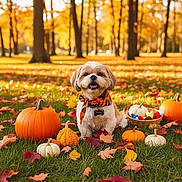 Munchie joined the competition — help win amazing prizes! autumn_leaves, bandana, basket, cute, daylight, dog, fall, festive, grass, leaf, nature, orange, outdoor, park, pet, pumpkin, seasonal, small_dog, tree, white_pumpkin