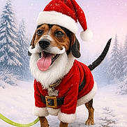 Leo joined the competition — help win amazing prizes! dog, santa_claus_outfit, christmas_hat, beard, snow, winter, snowy_forest, festive, holiday, canine, cute, pet, outdoor, tongue_out, happy, costume, leash, tree, cold, seasonal