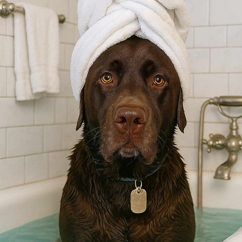 Hugo Boss is registered to the contest to win money with this photo: animal, bath, bathroom, bathtub, brown_dog, close_up, collar, cute, dog, indoors, labrador, pet, portrait, relaxation, tag, tile_wall, towel, water, wet_fur, wrapped_towel