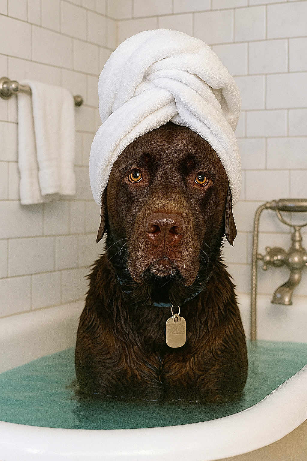 Hugo Boss is registered to the contest to win money with this photo: dog, labrador, bath, bathtub, water, towel, wrapped_towel, brown_dog, pet, indoors, tile_wall, bathroom, relaxation, portrait, wet_fur, collar, tag, close_up, cute, animal