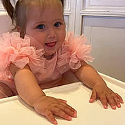 Tyana a rejoint le concours — aidez-le/la à gagner de superbes lots ! baby, child, closeup, cute, face, hands, happy, high_chair, indoor, person, pigtails, pink_dress, playful, portrait, ruffles, smiling, toddler, tongue_out, wooden_cabinet, young_child