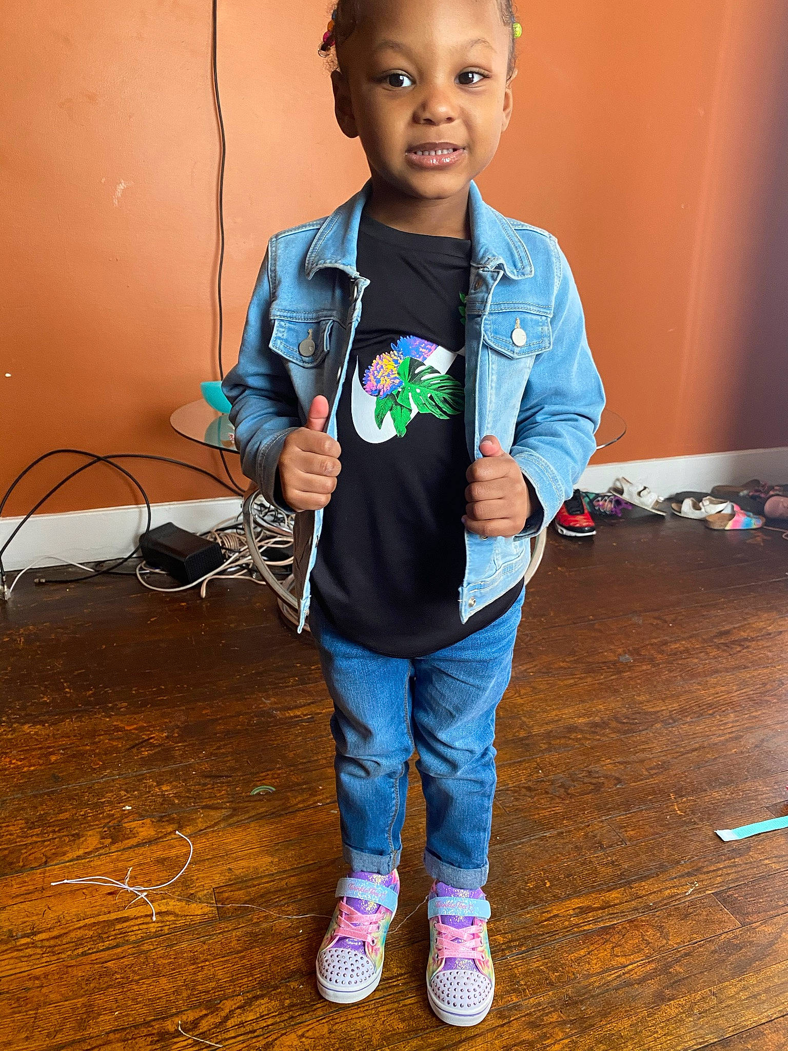 Aubree joined the competition — help win amazing prizes! child, child_model, clothing, denim, electric_blue, flash_photography, flooring, fun, happy, jeans, jewellery, necklace, person, play, portrait_photography, sitting, sleeve, street_fashion, t_shirt, toddler