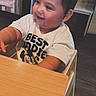 Ismael joined the competition — help win amazing prizes! toddler, child, smiling, high_chair, table, indoor, restaurant, wooden_furniture, tshirt, mickey_mouse, happy, face, arm, seat, floor, person, cute, casual, baby, dining