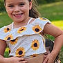 casual, child, clothing, cute, dress, fun, girl, grass, greenery, happy, nature, outdoor, pattern, play, portrait, smile, summer, sunflower, sunlight, two_children