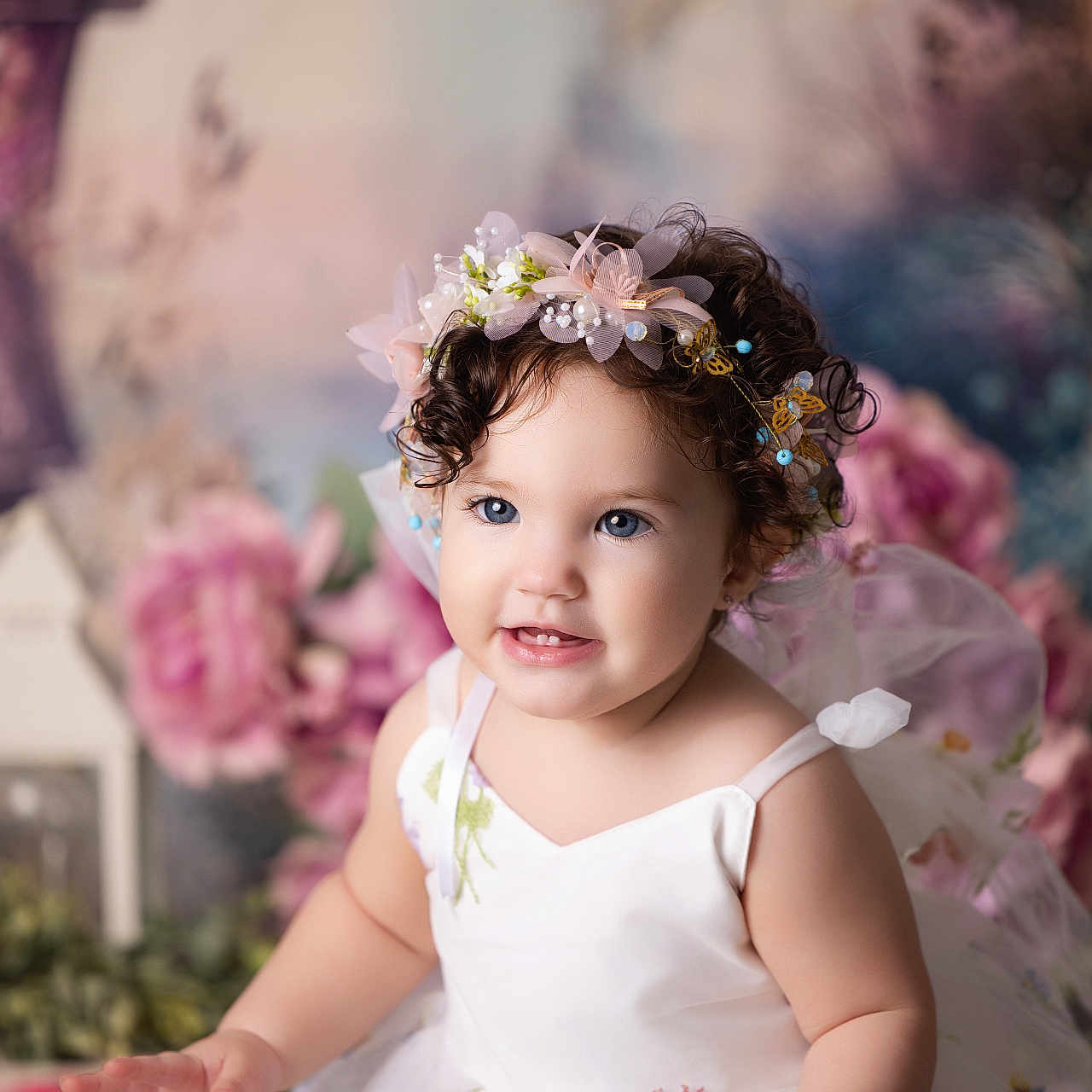 Carlotta joined the competition — help win amazing prizes! baby, blue_eyes, celebration, child, curly_hair, cute, decorative_background, dress_up, fairy_tale, flower_crown, flowers, happy, indoor, innocence, lantern, portrait, smiling, soft_lighting, toddler, white_dress