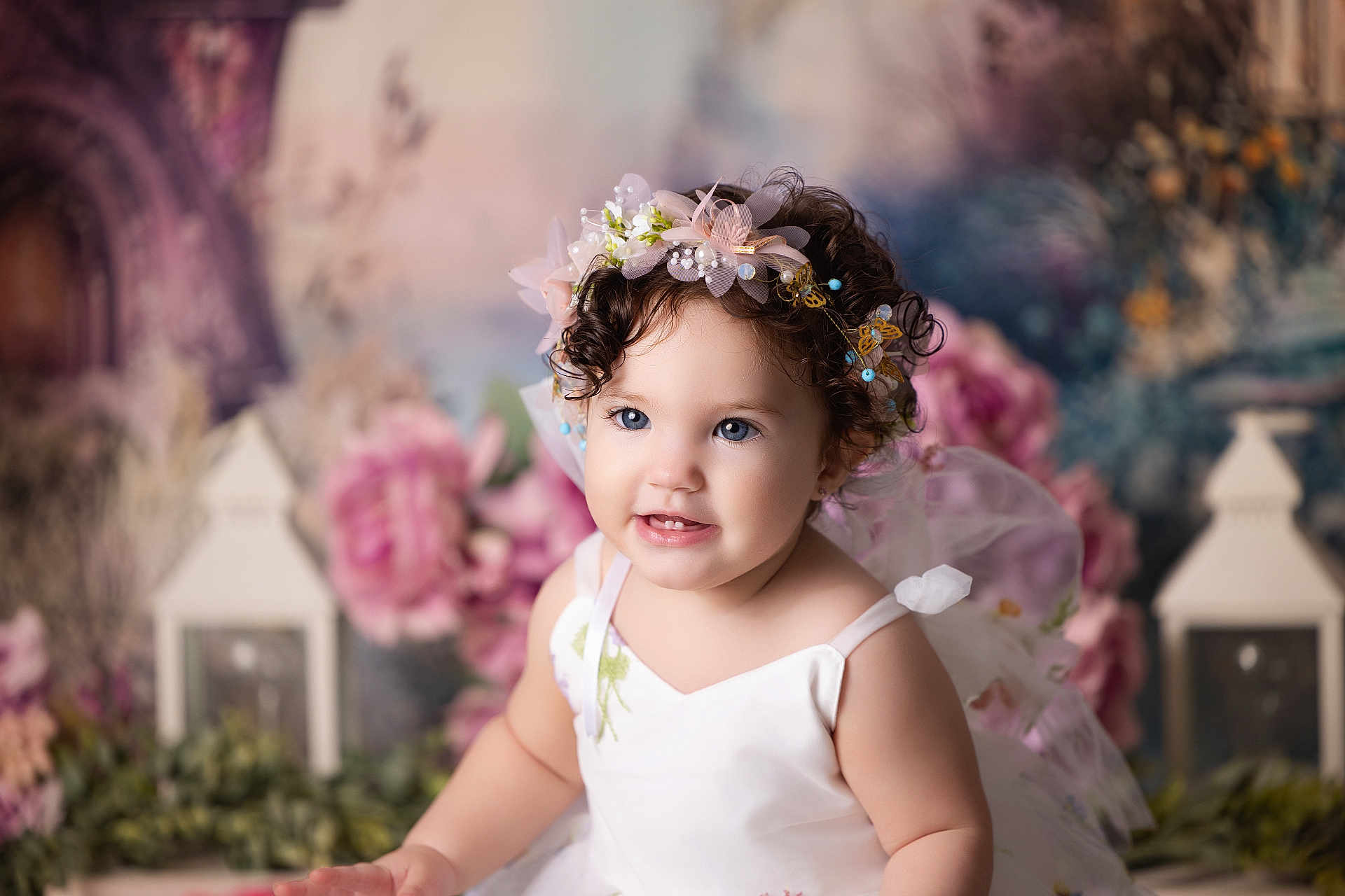 Carlotta joined the competition — help win amazing prizes! toddler, child, curly_hair, flower_crown, white_dress, blue_eyes, smiling, portrait, indoor, soft_lighting, decorative_background, lantern, flowers, cute, happy, baby, innocence, celebration, dress_up, fairy_tale