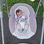 baby, baby_gear, child, cloud, cute, grass, infant, mittens, newborn, onesie, outdoor, pavement, peaceful, plush_toys, resting, seat_belt, sleeping, soft_fabric, star, swing