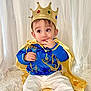 toddler, child, crown, costume, blue_jacket, gold_embroidery, cape, white_pants, socks, indoor, curtains, fluffy_rug, portrait, cute, baby, seated, royalty, playful, fashion, smiling