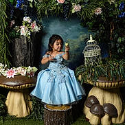 Lucia is registered to the contest to win money with this photo: child, girl, blue_dress, mushroom, flowers, greenery, nature, fantasy, portrait, indoor, decor, plant, tree_stump, smile, playful, cute, dress, sitting, whimsical, fairy_tale