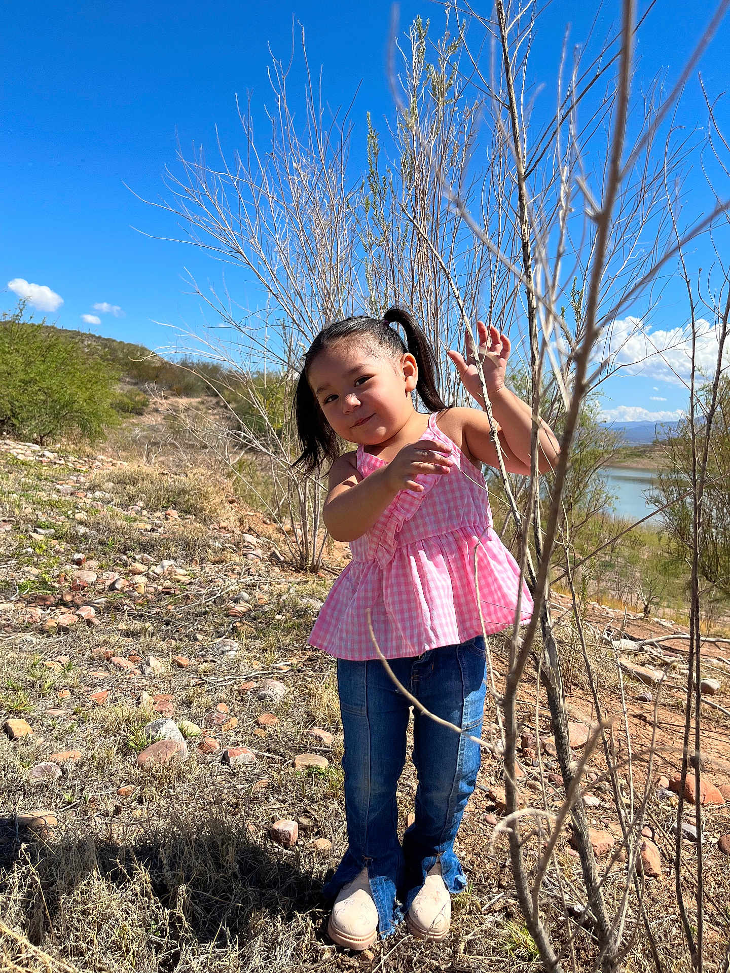 Lucia is registered to the contest to win money with this photo: child, girl, outdoor, nature, sky, blue_sky, rocks, dry_bush, trees, grass, sunlight, smiling, pigtails, pink_top, jeans, shoes, playful, portrait, daytime, landscape