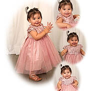Lucia is registered to the contest to win money with this photo: child, toddler, girl, pink_dress, smile, happy, portrait, cute, baby, hair_bows, standing, sitting, playful, collage, studio, floor, footwear, lace, dress, person
