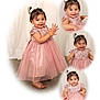child, toddler, girl, pink_dress, smile, happy, portrait, cute, baby, hair_bows, standing, sitting, playful, collage, studio, floor, footwear, lace, dress, person