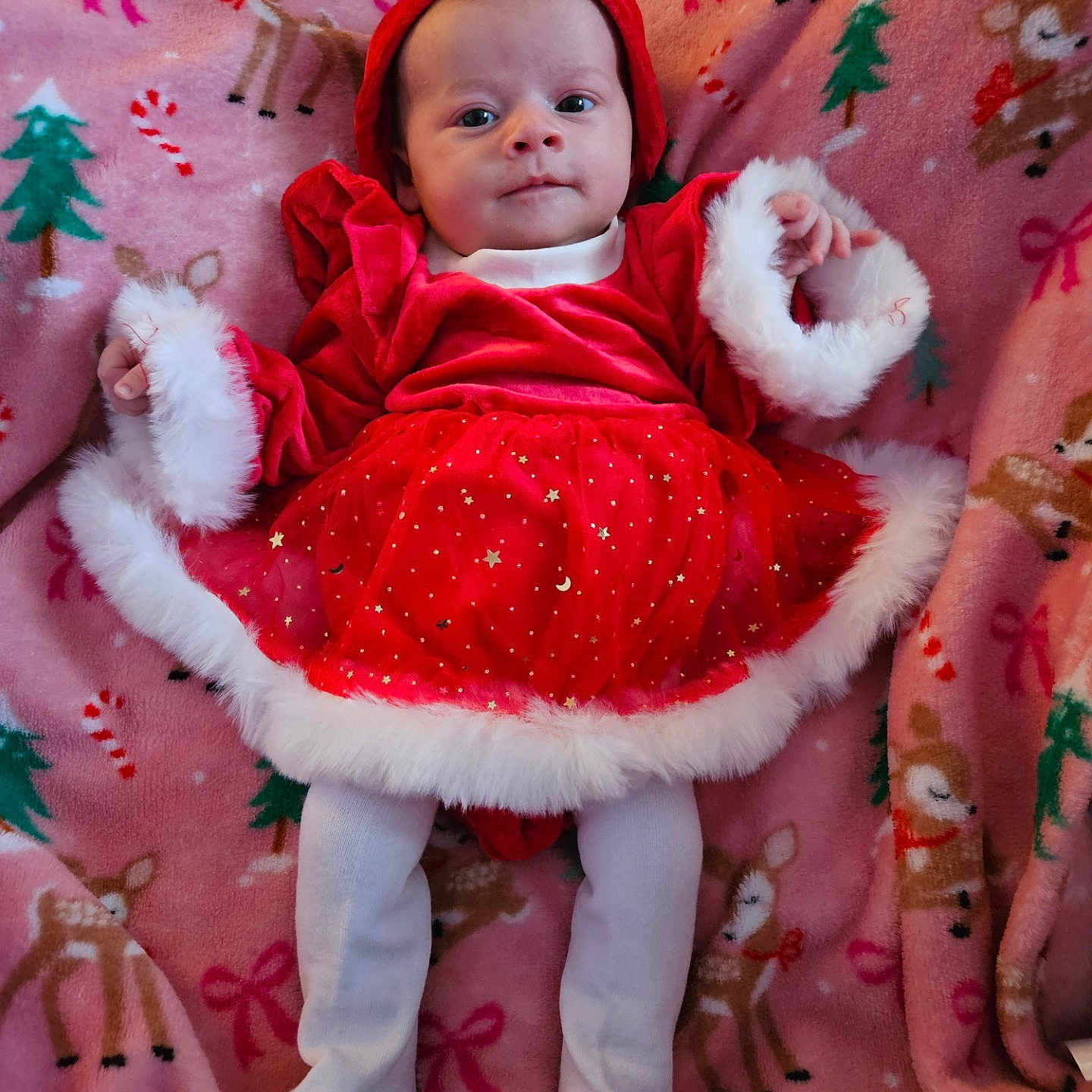 Gracielynn is registered to the contest to win money with this photo: baby, blanket, bow, child, christmas, clothing, cozy, cute, festive, headband, holiday_theme, infant, lying_down, pink_background, portrait, red_dress, reindeer_pattern, smiling, soft_texture, white_tights