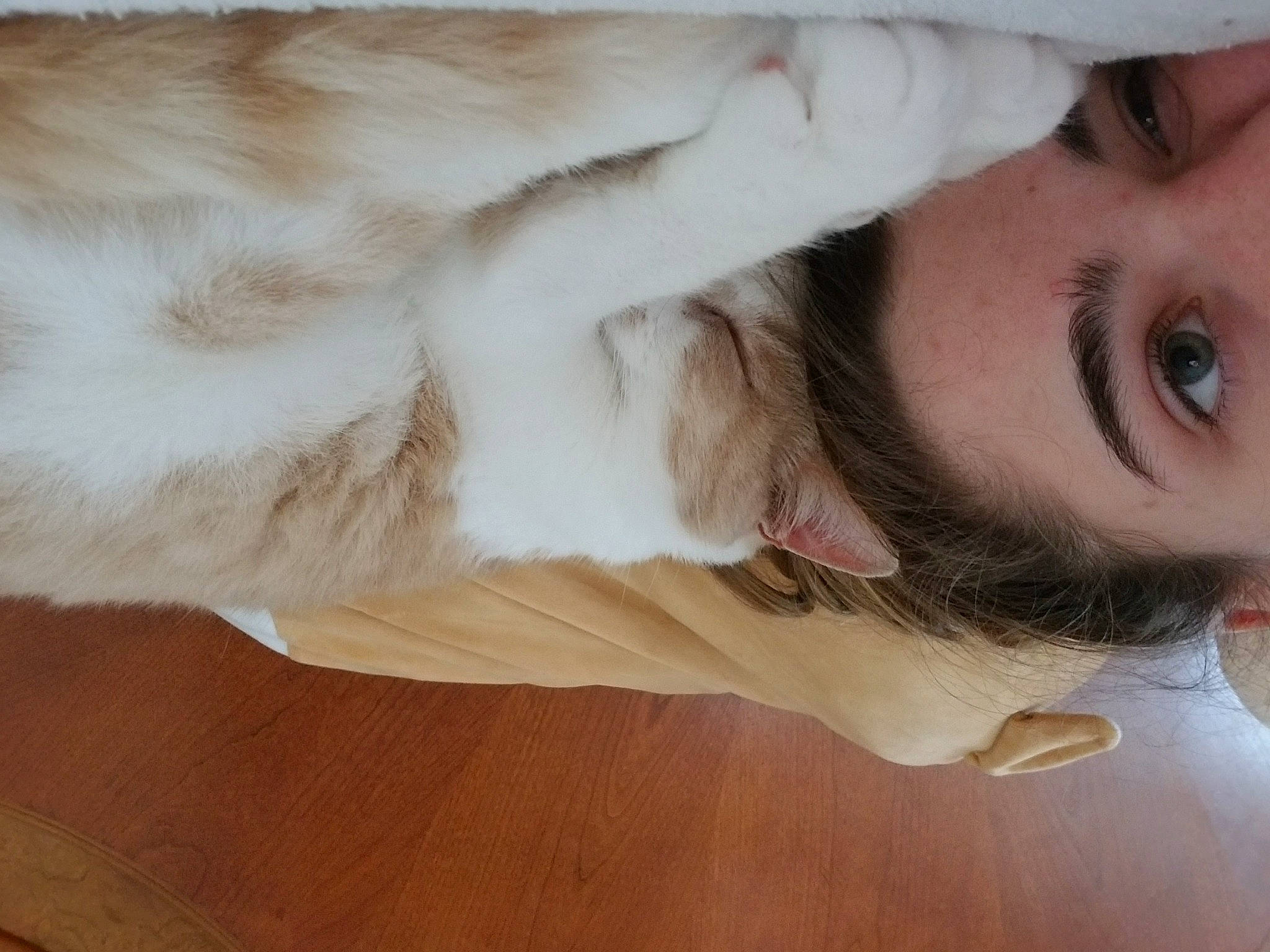 Leo is registered to the contest to win money with this photo: beard, carnivore, cat, comfort, companion_dog, ear, eye, eyelash, facial_hair, fawn, felidae, gesture, happy, jaw, nose, selfie, skin, small_to_medium_sized_cats, whiskers, wood