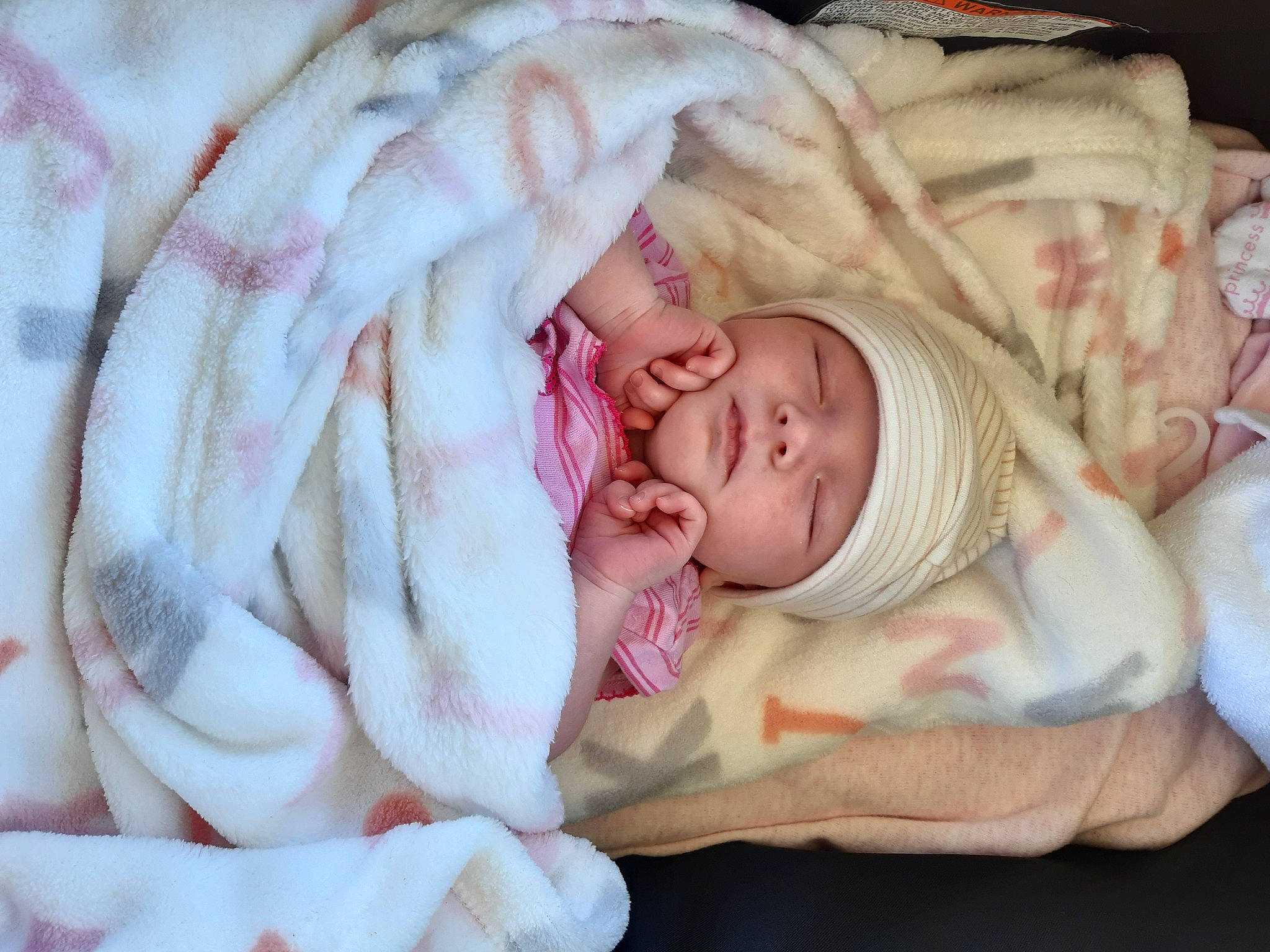 Harper-grace joined the competition — help win amazing prizes! baby, baby_products, baby_sleeping, baby_toddler_clothing, bedtime, blanket, child, comfort, fur, headwear, linens, mammal, nap, peach, person, pink, sleep, textile, toddler