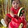 baby, child, watermelon, cake, fruit, grapes, cucumber, strawberry, headband, dress, pink, celebration, party, gold_backdrop, curious, sitting, closeup, food, table, footwear