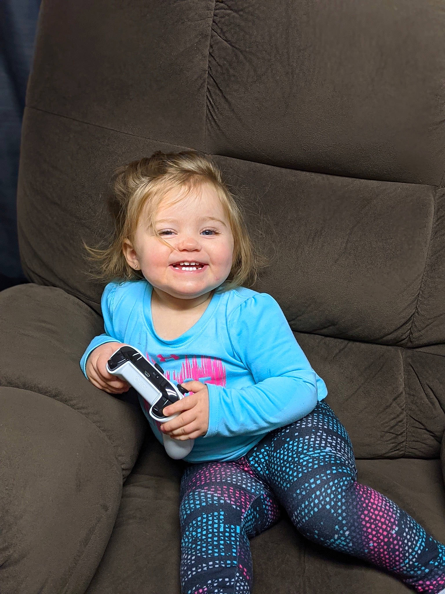 Lilliana Gail joined the competition — help win amazing prizes! baby_toddler_clothing, comfort, couch, eye, finger, flash_photography, hair, hairstyle, happy, head, human_body, human_leg, joy, knee, lap, leg, person, smile, sock, textile