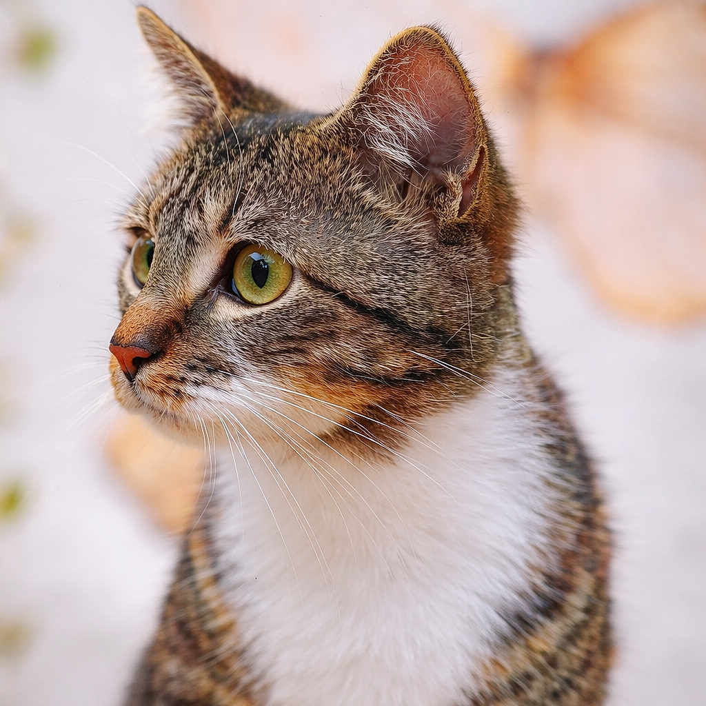 Zozo a rejoint le concours — aidez-le/la à gagner de superbes lots ! cat, tabby_cat, green_eyes, close_up, portrait, whiskers, fur, animal, pet, domestic_cat, looking_away, soft_light, blurred_background, brown, white, cute, feline, indoor, calm, focused