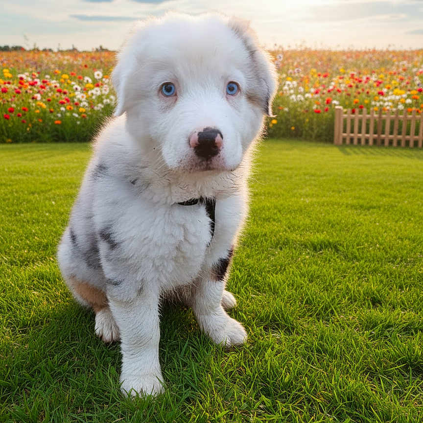 Noug'S participe au concours pour gagner de l'argent avec cette photo : adorable, animal, blue_eyes, cute, dog, fence, flower_field, fluffy, grass, greenery, nature, outdoor, peaceful, pet, puppy, sitting, summer, sunlight, sunset, young_dog