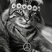 Beans joined the competition — help win amazing prizes! cat, black_and_white, portrait, sunglasses, flower_crown, peace_sign, bandana, tabby_cat, whiskers, close_up, cute, pet, animal, furry, fashion, accessory, relaxed, indoor, muzzle, ears