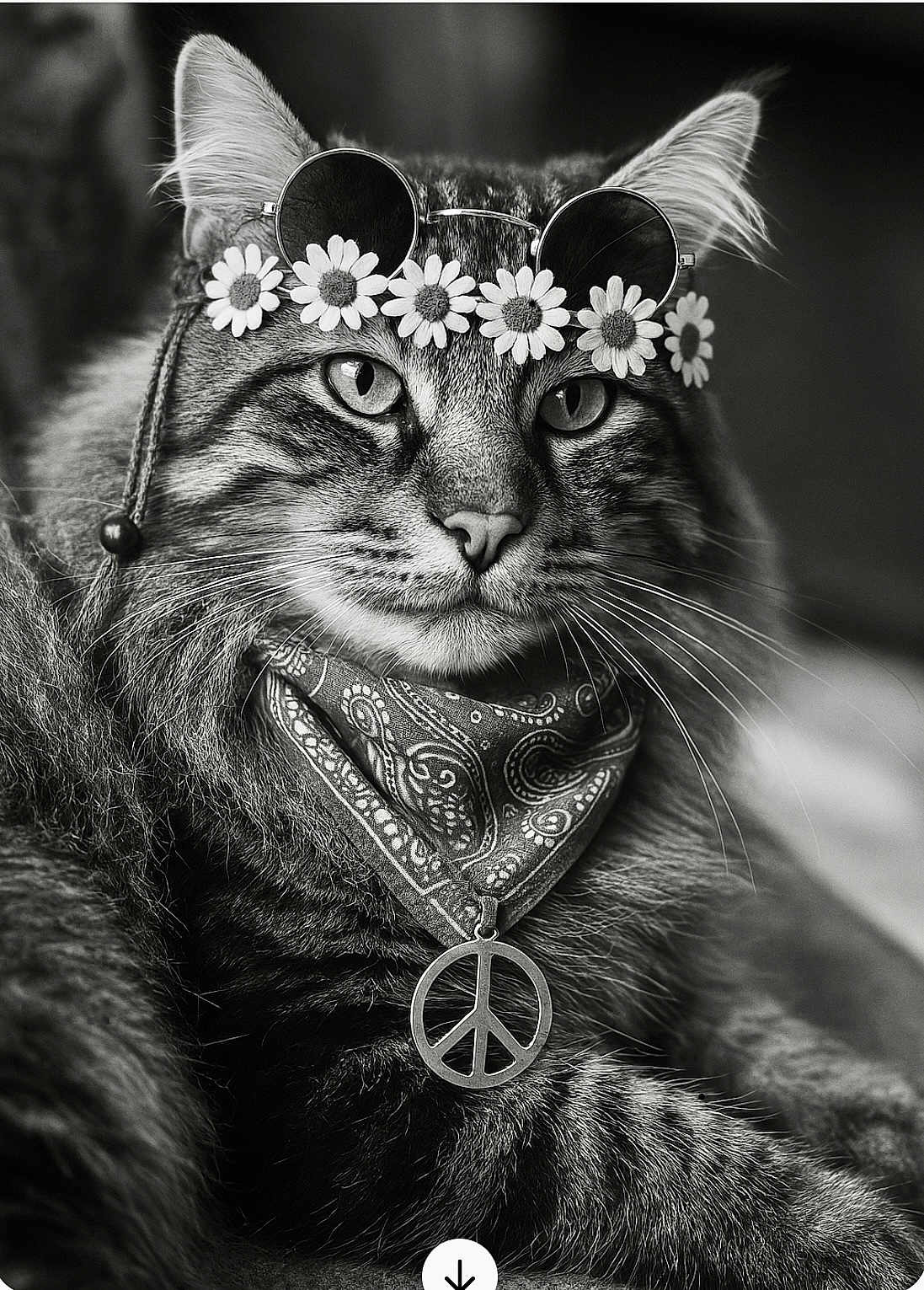 Beans joined the competition — help win amazing prizes! cat, black_and_white, portrait, sunglasses, flower_crown, peace_sign, bandana, tabby_cat, whiskers, close_up, cute, pet, animal, furry, fashion, accessory, relaxed, indoor, muzzle, ears
