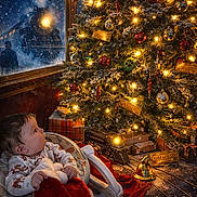 Sophia is registered to the contest to win money with this photo: baby, christmas_tree, christmas_lights, stocking, holiday_decor, pajamas, gift_boxes, train_toy, window, snow, ornaments, festive, indoor, child, face, cushion, chair, glitter, warm_lighting, winter