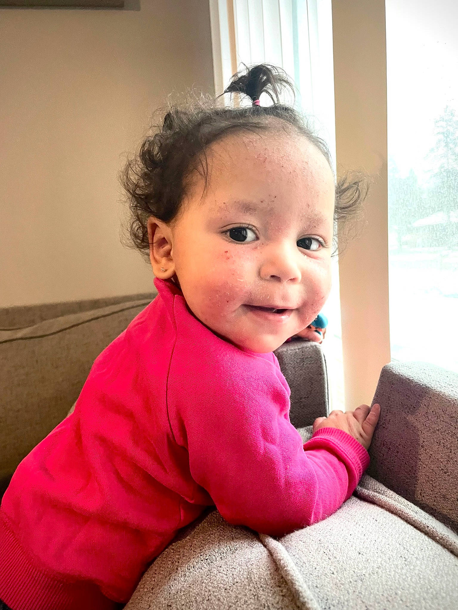 Elayna is registered to the contest to win money with this photo: baby, baby_toddler_clothing, cheek, child, comfort, ear, eyebrow, eyelash, face, hair, happy, lip, magenta, nose, person, pink, skin, sleeve, smile, toddler