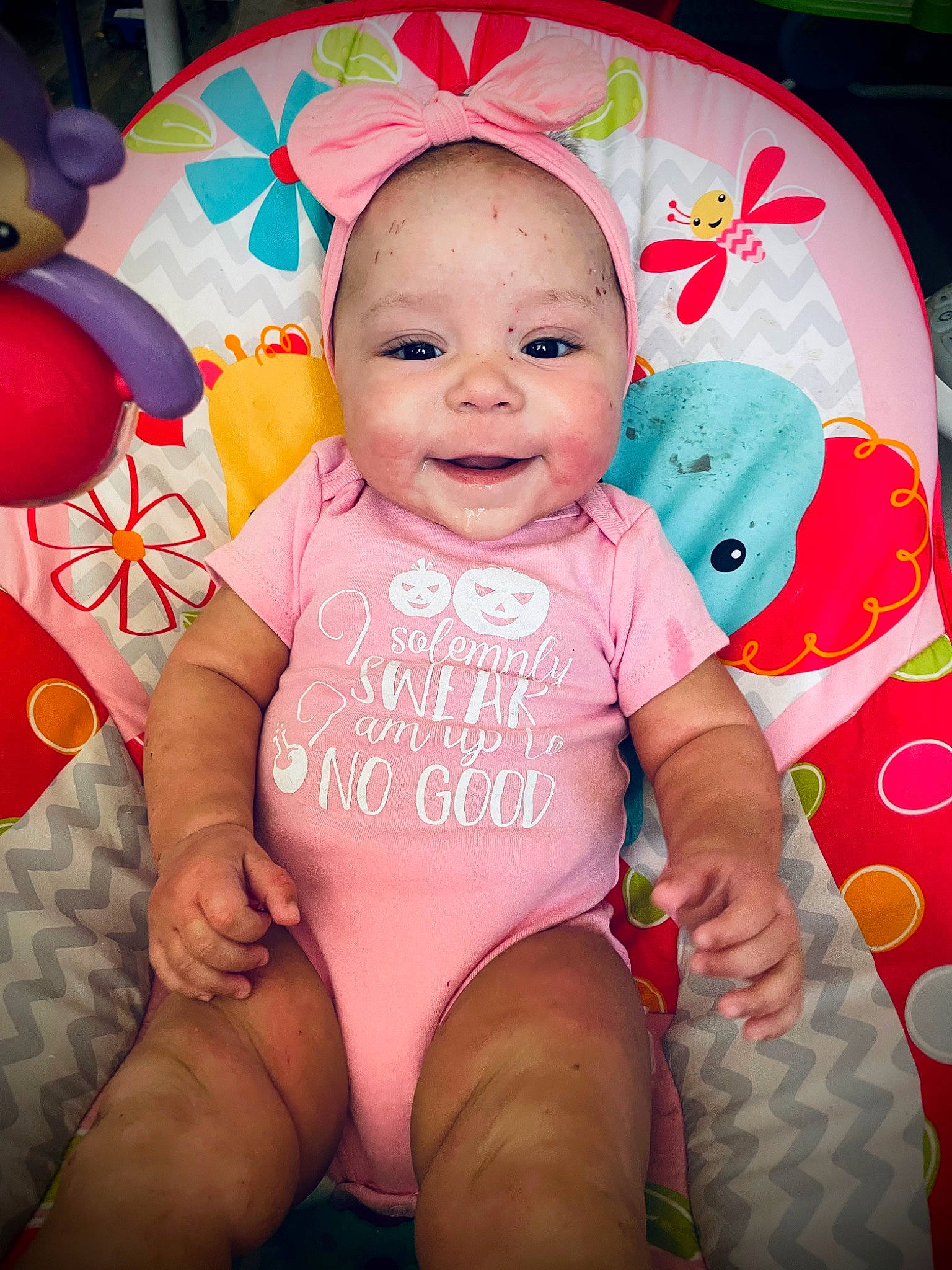 Elayna joined the competition — help win amazing prizes! baby, baby_toddler_clothing, cheek, child, eye, face, facial_expression, finger, happy, head, human, mouth, person, pink, skin, sleeve, smile, stomach, t_shirt, thigh
