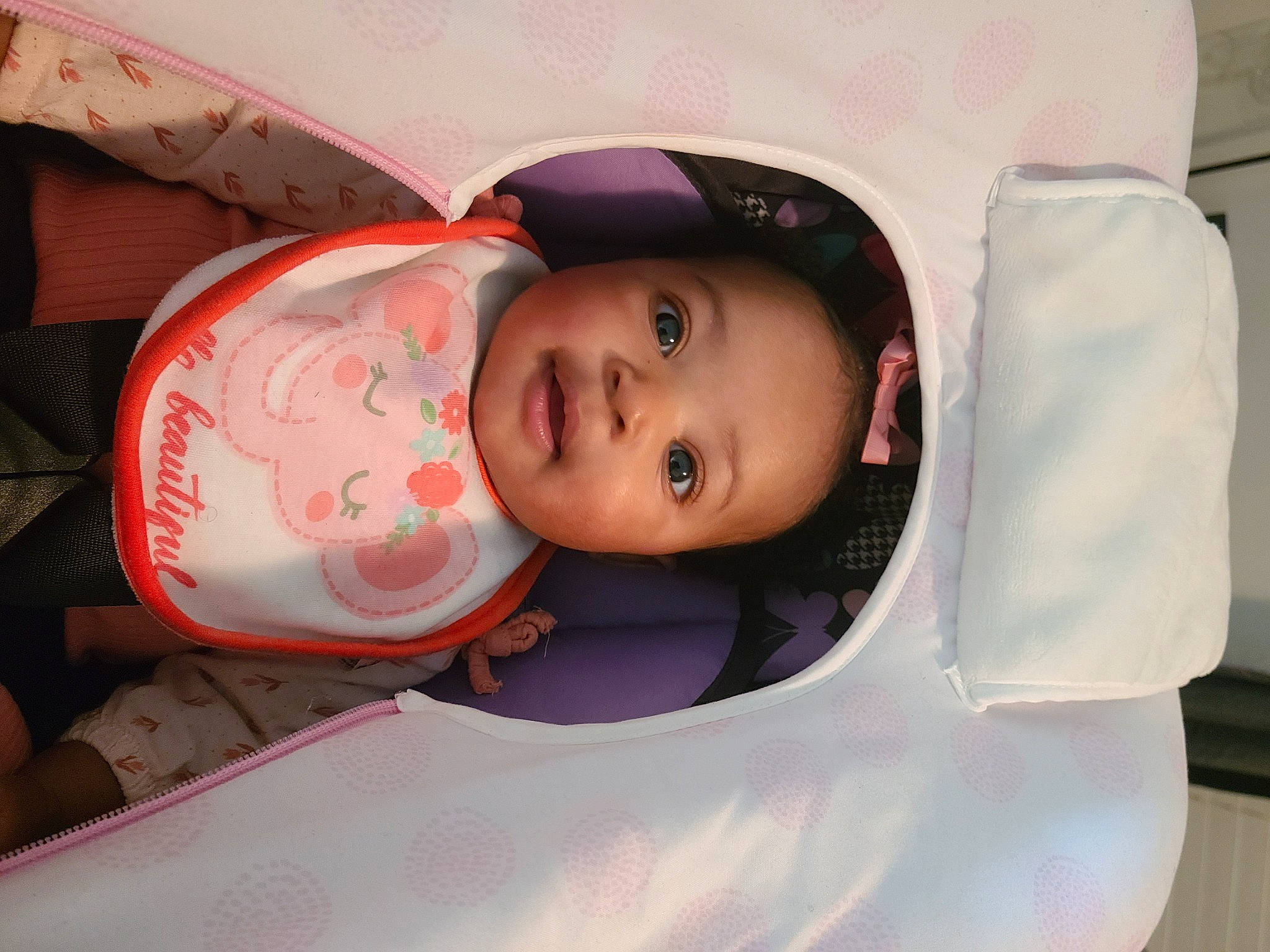 Harmony is registered to the contest to win money with this photo: baby, baby_products, baby_toddler_clothing, cheek, child, chin, comfort, eye, eyebrow, eyelash, fashion_accessory, hat, lip, mouth, nose, person, pink, product, room, skin