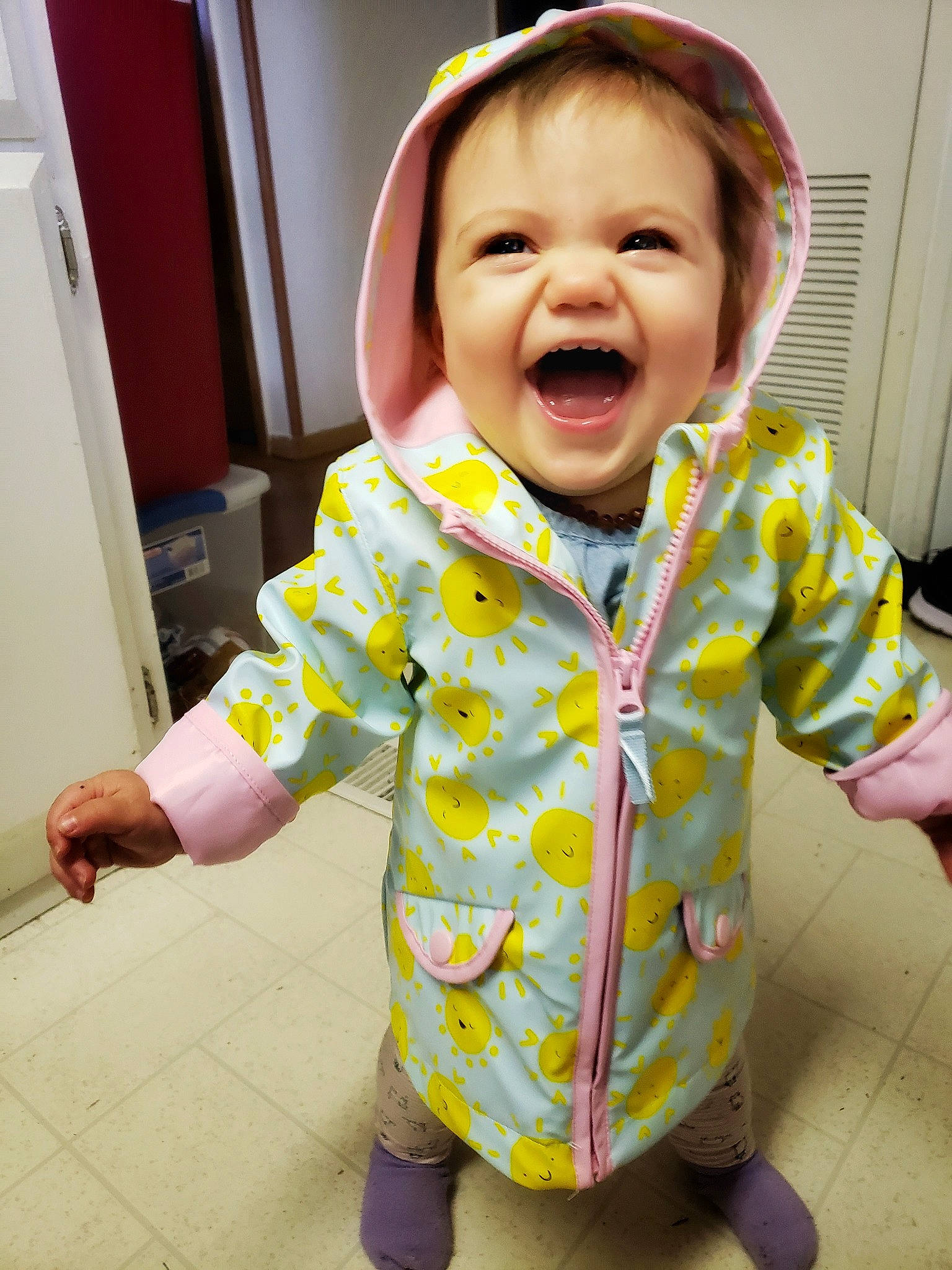 Bryndle joined the competition — help win amazing prizes! baby, baby_toddler_clothing, child, outerwear, pajamas, person, pink, skin, sleeve, smile, standing, toddler, yellow