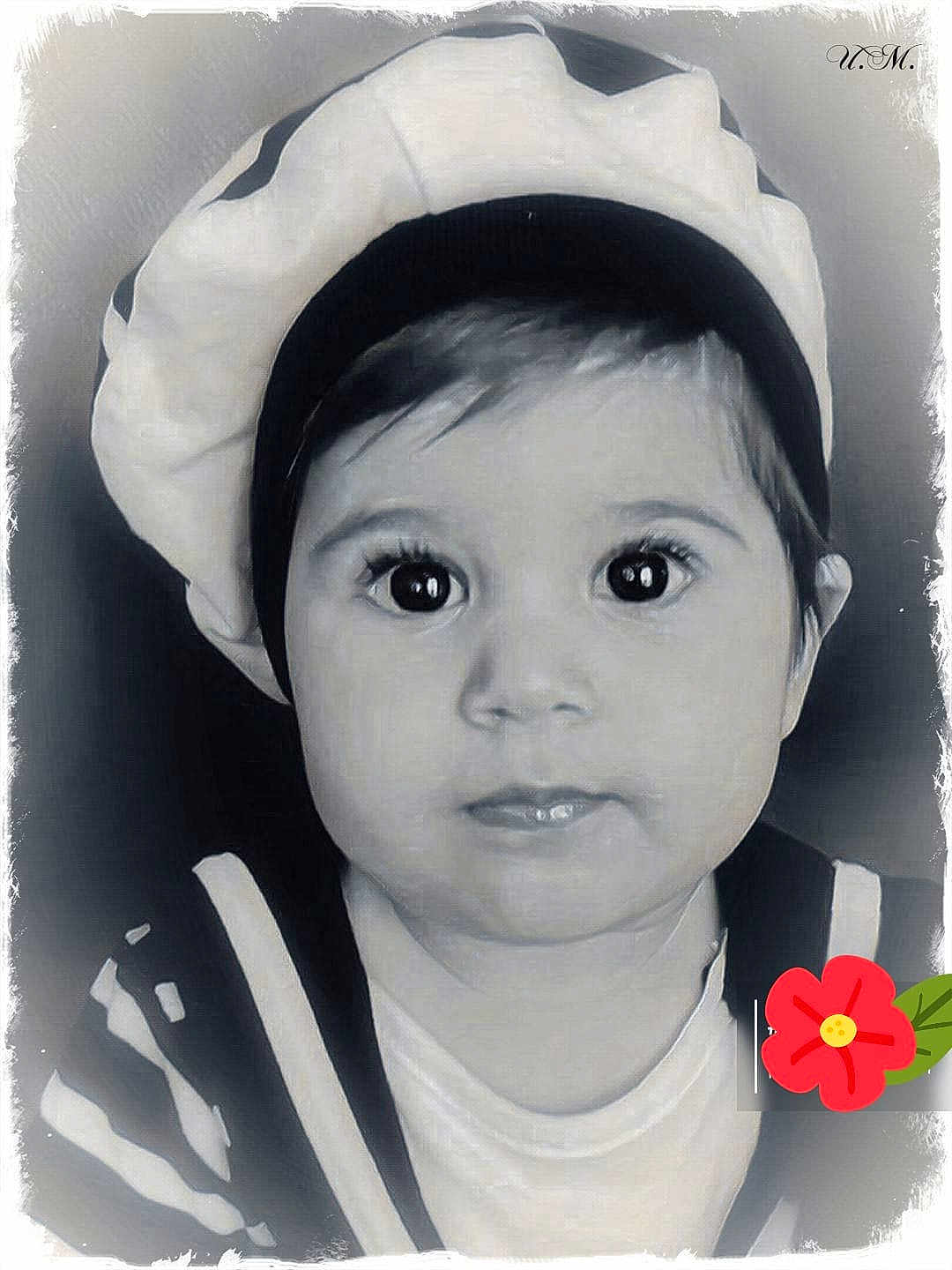Yana participe au concours pour gagner de l'argent avec cette photo : baby, black_and_white, child, close_up, cute, expression, eyes, face, hat, headwear, indoors, innocent, monochrome, person, portrait, smile, soft_light, striped_clothing, toddler, young_child