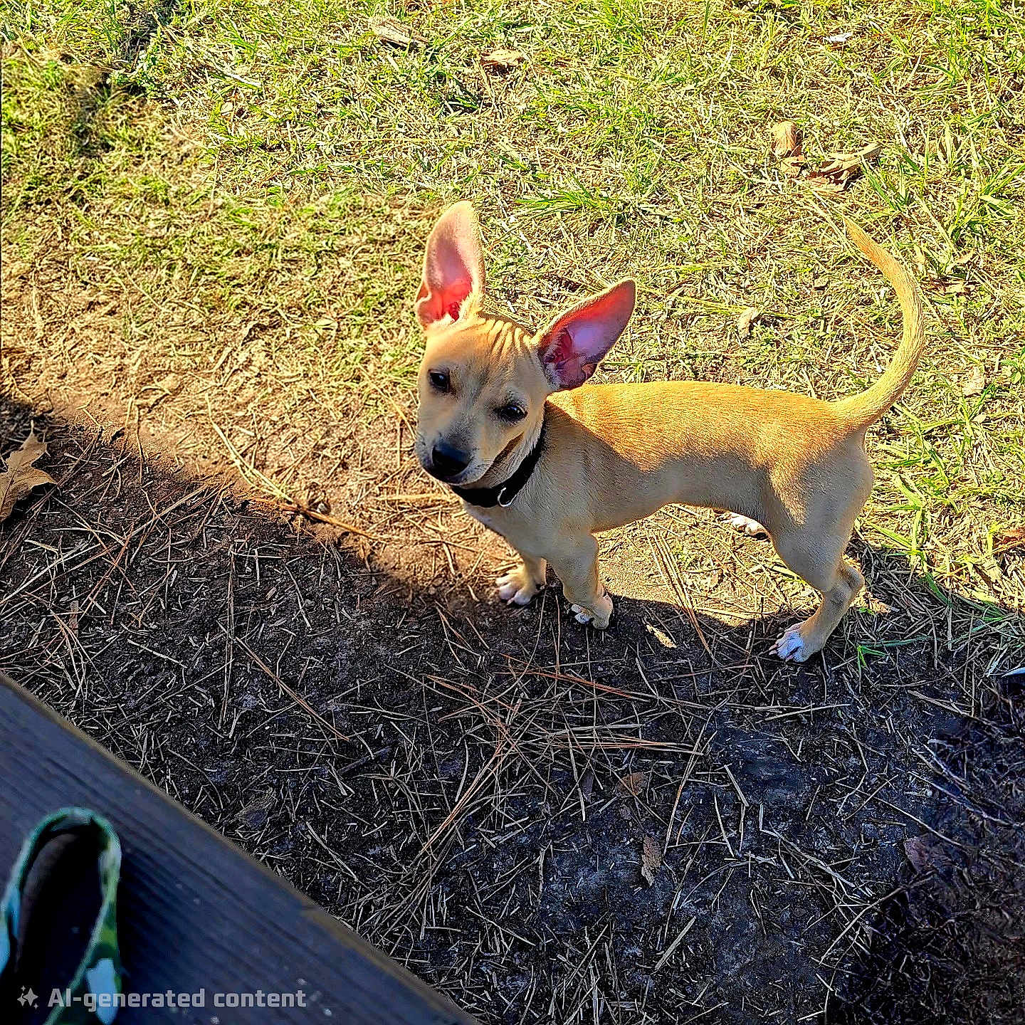 Morocco is registered to the contest to win money with this photo: dog, puppy, outdoor, grass, dirt, sunlight, ears, collar, animal, pet, curious, small_dog, nature, ground, shadow, daylight, looking_up, tan_color, canine, standing