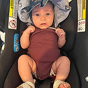 Talia joined the competition — help win amazing prizes! baby, infant, child, car_seat, portrait, sitting, wide_eyed, floral_hat, sun_hat, romper, sandals, baby_clothing, vehicle, travel, safety_labels, harness, cushion, indoor, closeup, adorable