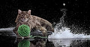 Beezelbub joined the competition — help win amazing prizes! animal, artistic, ball_of_yarn, black_background, cat, dramatic, feline, fluffy, fur, green, indoor, majestic, pet, playful, reflection, relaxing, splash, water, water_splash, yarn