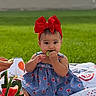 baby, blanket, blue_dress, celebration, child, cute, food, fruit, girl, grass, happy, kiwi, nature, outdoor, portrait, red_bow, sitting, snack, summer, watermelon_cake