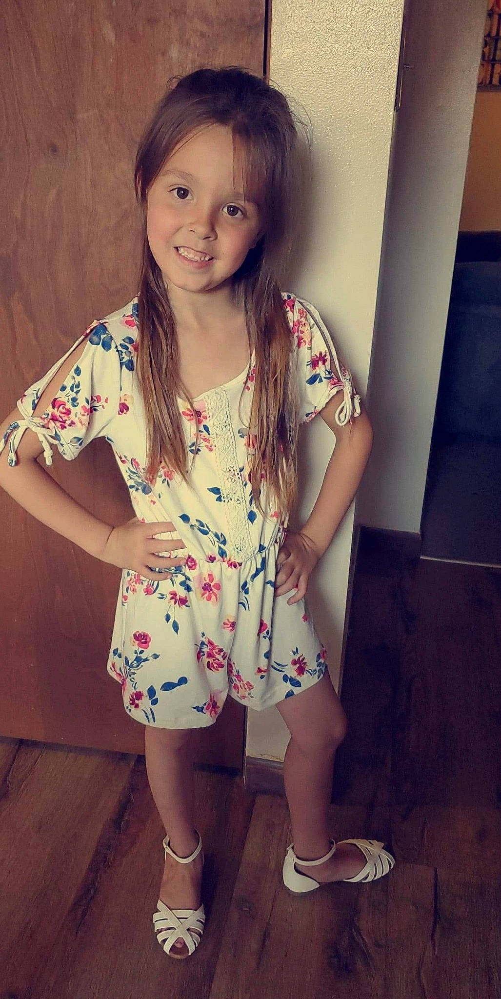 Lilyanna is registered to the contest to win money with this photo: child, child_model, clothing, dress, happy, human_leg, joy, leg, long_hair, person, skin, smile, standing, t_shirt, thigh, toddler