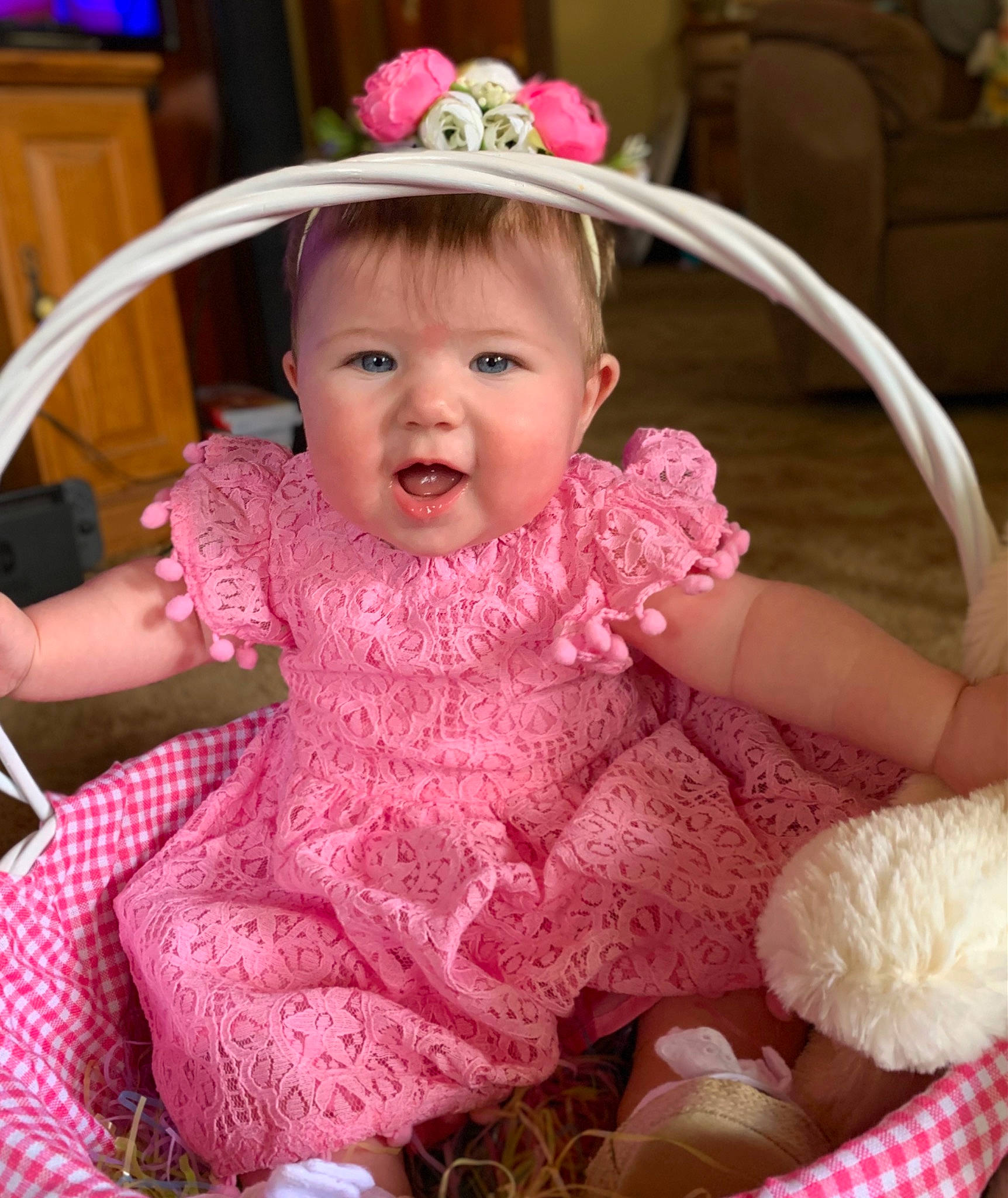 Mckenzie is registered to the contest to win money with this photo: baby, baby_toddler_clothing, chair, cheek, child, dress, embellishment, event, eyelash, fashion_accessory, happy, headband, headpiece, iris, magenta, person, pink, skin, sleeve, smile