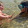 child, baby, water, lake, splash, goggles, swimming, fun, outdoor, sunlight, happy, play, summer, nature, person, legs, reflection, shallow_water, trees, recreation